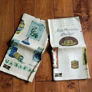Vintage Kay Dee Handprints Linen Tea Towel Spices Early American Shop Signs NWT